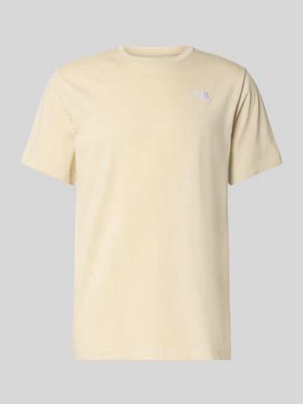 Productfoto, Regular Fit T-shirt uit katoenmix model 'EVOLUTION' van The North Face, heren T-shirt met ronde hals en labeldetail, ruglengte maat M 71 cm, effen lichtbeige kleur.