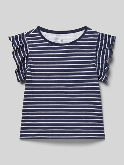 Produktfoto, Regular Fit T-Shirt mit Rüschenbesatz von Blue Seven, Kinder T-Shirt, Reine Baumwolle, Brusttasche, Rückenlänge 38 cm bei Größe 116, dunkelblau-weiß gestreift