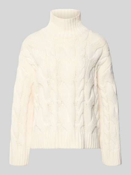 Produktfoto, Strickpullover mit Zopfmuster und Stehkragen von Gina Tricot aus Baumwoll-Mix, cremefarben, strukturierte Oberfläche, Regular Fit