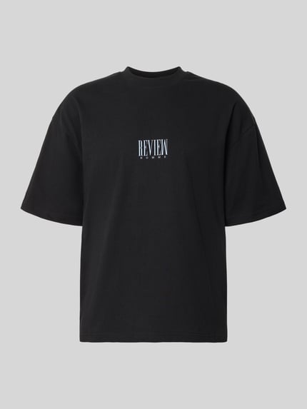 Produktfoto, T-Shirt mit Logo-Print und Rundhalsausschnitt von REVIEW, schwarze Reine Baumwolle, Loose-Fit, Logo-Print auf Brust, Rückenlänge 69 cm, Größe M