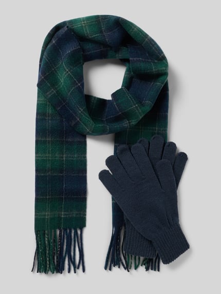 Produktfoto, Schal mit Handschuhen im 2-teiligen Set von BARBOUR aus reiner Wolle, mehrfarbig kariert, Fransen, schlichte Textur, Materialmix