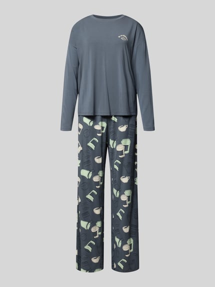 Produktfoto, Schlafanzug mit Motiv- und Statement-Print von SCHIESSER, Modal-Mix mit Stretch-Anteil, lockere Passform, blau-grüne Töne