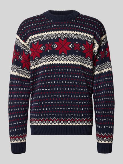 Produktfoto, Regular Fit Wollpullover in Strick-Optik Modell 'Egersund' von Dale of Norway, reine Wolle, blau-rot-weißes Muster, Herrenpullover