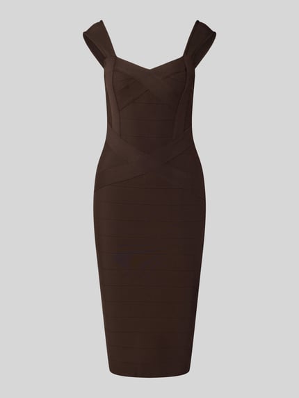 Produktfoto, Cocktailkleid mit Stretch-Anteil von Lipsy in Dunkelbraun, eng anliegend, Midilänge, Herz-Ausschnitt, ärmellos, feine Nahtstruktur