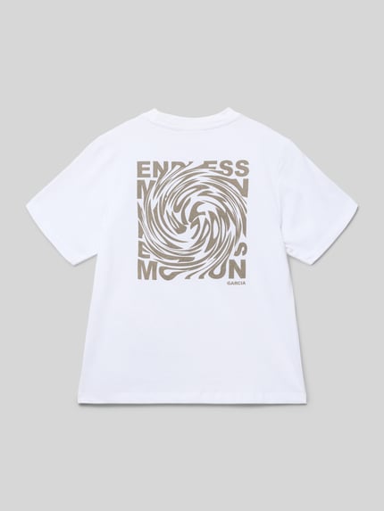 Produktfoto, Regular Fit T-Shirt mit Statement-Print von Garcia, Kinder T-Shirt aus Reine Baumwolle, weiß mit beigem Print, Rundhalsausschnitt, Rückenlänge bei Größe 140: 53 cm.