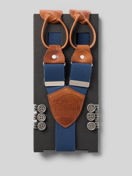 Produktfoto, Hosenträger in Geschenkbox von Lloyd Men's Belts, niebieski, skórzany tył, Y-kształt, wariowe zapięcia na guziki, 3-częściowy zestaw, teksturowany materiał, eleganckie opakowanie prezentowe