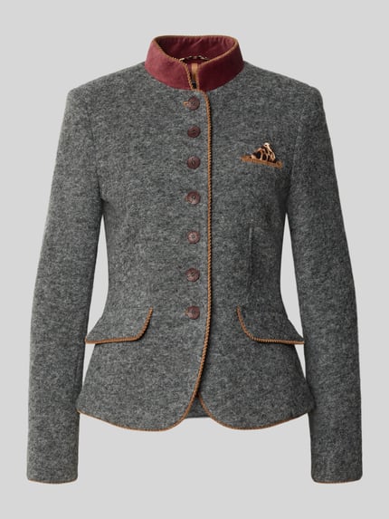Produktfoto, Blazer mit Brustleistentasche und Einstecktuch von White Label aus grauem Stoff, taillierter Schnitt, Stehkragen in Rot, dekorative Knopfleiste, Pattentaschen, kontrastierende Kanten, strukturierte Textur, für Damen