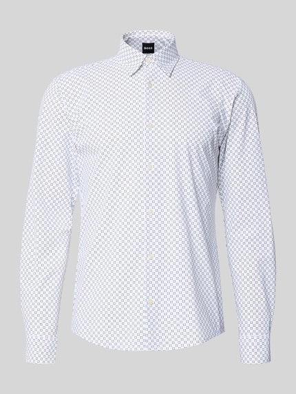 Produktfoto, Slim Fit Freizeithemd mit Allover-Muster Modell 'P-ROAN-K-F-261' von BOSS, weiß mit feinem Print, Kentkragen, Performance-Stretch-Jersey