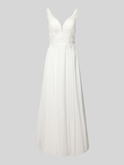 Produktfoto, Abendkleid mit Spitze und tiefem V-Ausschnitt von Mascara, weißes Chiffon Maxikleid in A-Linie, strukturierte Spitze, V-Ausschnitt vorne und hinten, Haken- und Reißverschluss auf Rückseite, Kontext: Damen Abendkleid, Rückenlänge 155 cm, Brustweite 39 cm.