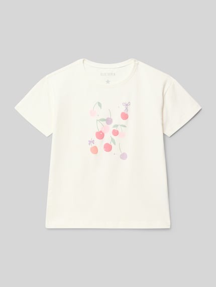 Produktfoto, T-Shirt mit Rundhalsausschnitt und Motiv-Print von Blue Seven, weiße Baumwollmischung, bunter Kirschen-Print, gerader Schnitt