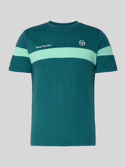 Produktfoto, Regular Fit T-Shirt mit Logo-Print Modell 'Leone' von SERGIO TACCHINI, Herren T-Shirt, Rundhalsausschnitt, Rückenlänge bei Größe M 71 cm, grün mit mintfarbenem Streifen, glatte Baumwollstruktur