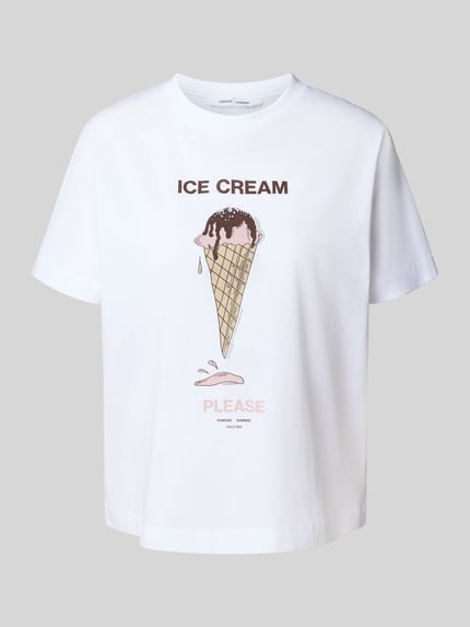 Produktfoto, wit T-shirt met motiefprint model 'CAMINO' van Samsøe Samsøe, puur katoen, regular fit, ronde hals, ruglengte maat S 57 cm