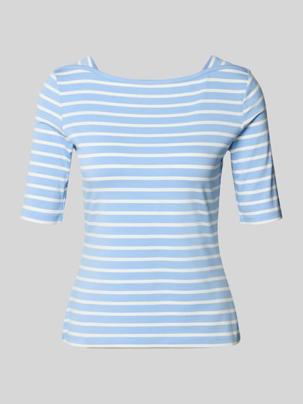Produktfoto, Slim Fit T-shirt aus Viskosemix von Comma, blauw-wit gestreept, envelope-hals, halflange mouwen, ruglengte maat 36: 51 cm.