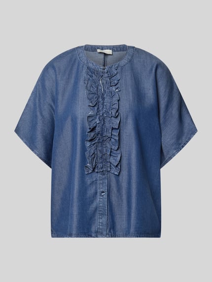 Produktfoto, Relaxed Fit Bluse in Denim-Optik mit Rüschen von Milano Italy aus Lyocell, Kurzarm, vorne Rüschen und Knopfleiste, blau