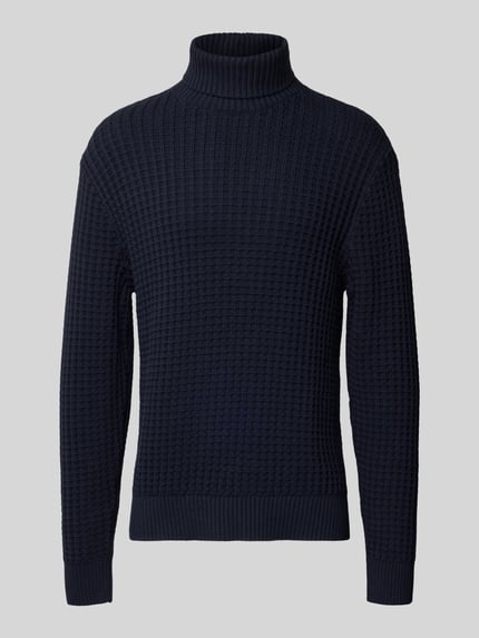 Produktfoto, Regular Fit Rollkragenpullover in Waffel-Struktur Modell 'TOM' van SELECTED HOMME, donkerblauw, gebreide bio-katoen, structuur, uni.
