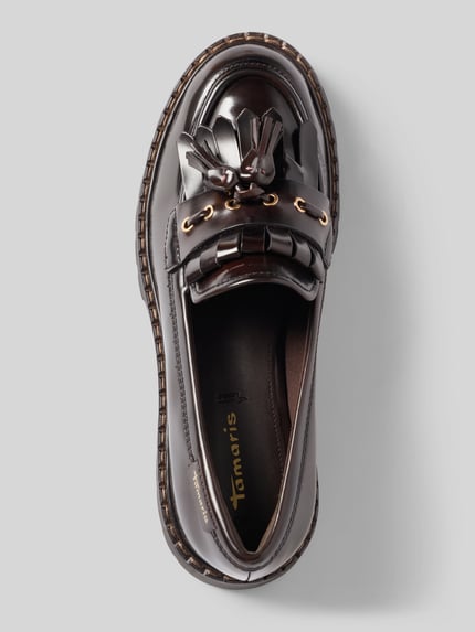 Productfoto, donkerbruine loafers met labelprint van Tamaris, glanzend leer, structuurzool, product Loafer mit Label-Print van Tamaris