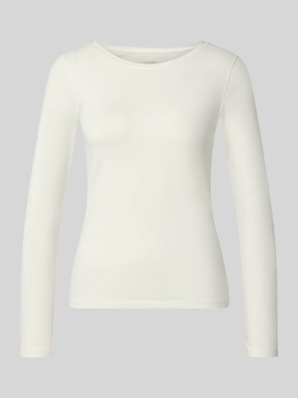 Productfoto, Slim Fit Langarmshirt aus Baumwoll-Mix van Marc Cain voor dames, elastische katoenmix, U-boot halslijn, logo borduursel, lange mouw, ruglengte maat 36: 58 cm, effen wit, zachte textuur