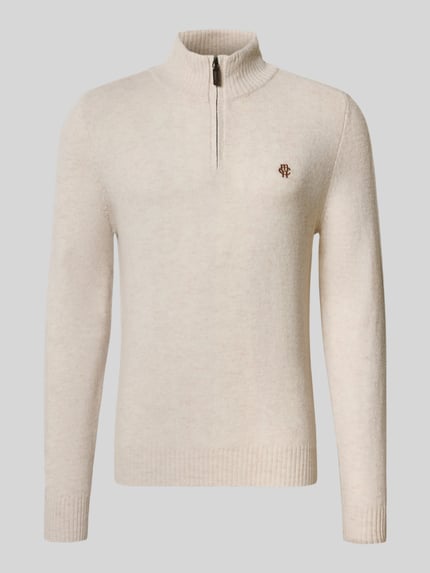Produktfoto, Regular Fit Strickpullover aus reiner Wolle von MCNEAL in Beige mit Logo-Stickerei, Troyer-Kragen, gerippte Bündchen