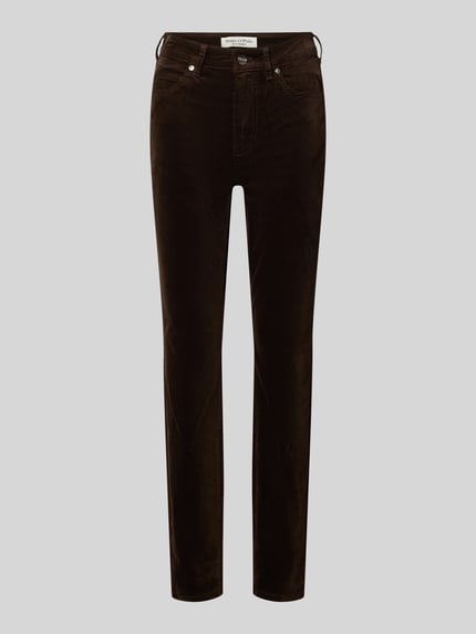 Produktfoto, Regular Fit Hose mit Samtstruktur von Marc O'Polo in dunklem Braun, schmale Passform, feine Struktur, 5-Pocket-Design, unifarben.