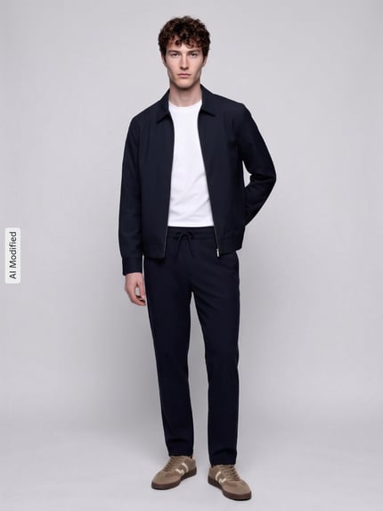 Männermodel trägt Regular Fit Blouson mit Viskose-Anteil von s.Oliver BLACK LABEL in Dunkelblau, glatte Textur, Ganzkörperansicht von vorne, KI-modifiziertes Bild.