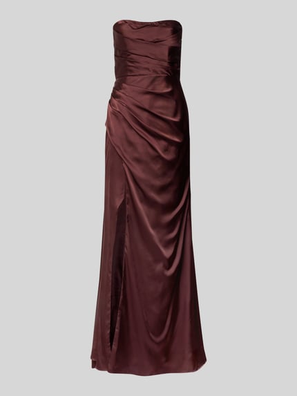 Produktfoto, Abendkleid aus Satin im Off-Shoulder-Look mit Gehschlitz van Luxuar, A-lijn, maxi, donkerrood, glanzende textuur, geraffineerde details