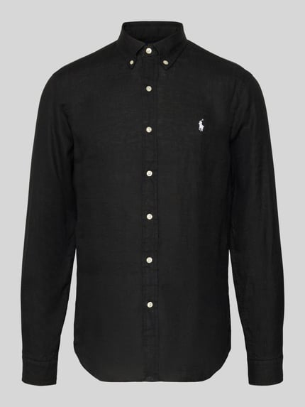 Produktfoto, Slim Fit Freizeithemd aus reinem Leinen von Polo Ralph Lauren in Schwarz, Flammgarn-Struktur, Button-Down-Kragen, unifarben