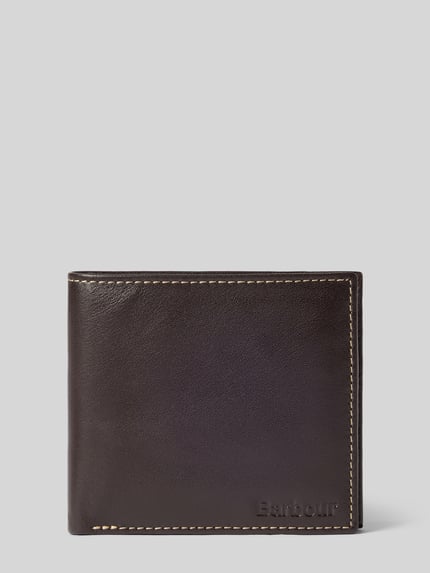 Productfoto, portemonnee uit echt leer van Barbour in donkerbruin met lichte stiksels, heren portemonnee van Barbour.