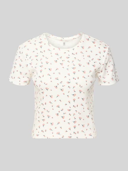 Produktfoto, Regular Fit T-Shirt aus Baumwoll-Mix Modell 'FENJA' von Only, biały kolor, wzór w drobne motywy, krój regular fit, materiał prążkowany