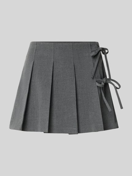 Productfoto, grijze uitlopende minirok met plooien en strikdetail, gladde textuur, Ausgestellter Mini-Rock met Viskose-Anteil model 'MELANIE' van ONLY, Dames Mini-Rok