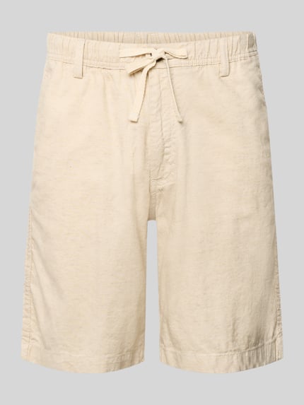 Produktfoto, szorty z mieszanki bawełny i lnu, krój regular fit, tunel, model 'JAIDEN' od Jack & Jones, szerokość w rozmiarze M: 43 cm, długość wewnętrzna nogawki w rozmiarze M: 23 cm, beżowe, lekko fakturowany materiał