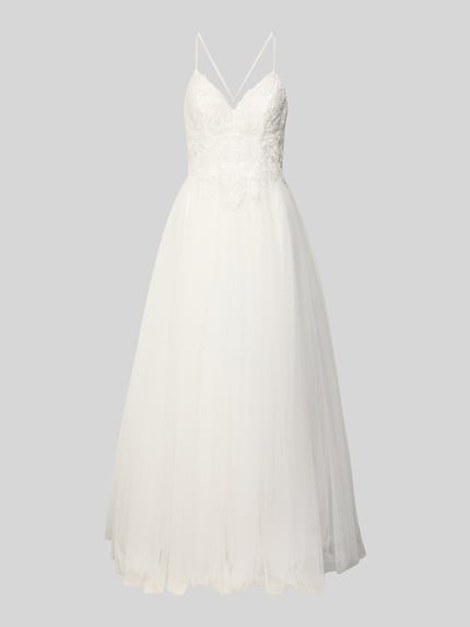 Produktfoto, Brautkleid mit floralen Stickereien von Mascara in Weiß, robustes Material, taillierter Schnitt, Spaghettiträger, Herz-Ausschnitt, florale Stickereien, Haken- und Nahtreißverschluss auf der Rückseite, ausgestellter Rockteil, blickdichtes Unterkleid, transparente Oberkleider, inklusive Stola, Rückenlänge 122 cm, Brustweite 36 cm, Größe 36.