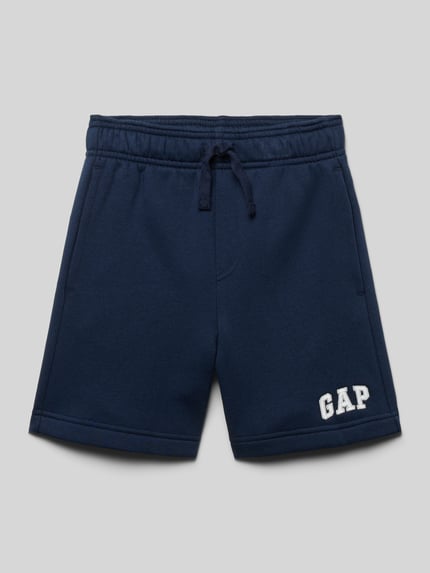 Produktfoto, Sweatshorts mit Logo und elastischem Bund von GAP, dunkelblauer Baumwoll-Mix, Regular Fit, sichtbares GAP-Logo, elastischer Bund, Kindergröße.