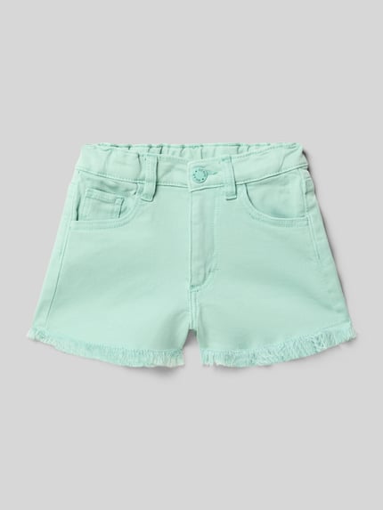 Productfoto, Jeansshorts im 5-pocketmodel met gerafelde zoom van Mayoral voor kinderen, katoenmix met stretch, straight fit, knoop- en ritssluiting, bandwijdte maat 98: 25 cm, binnenbeenlengte maat 98: 4 cm, mintgroen