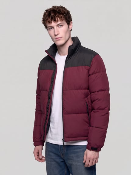 Männermodel trägt Steppjacke mit hohem Stehkragen Modell 'ONSMAVERICK' von ONLY in Weinrot mit schwarzen Partien, unifarben, Regular Fit, Cropped-Länge, Label-Detail, Reißverschlusstaschen, langarm, elastische Abschlüsse, Ganzkörperansicht von vorne.