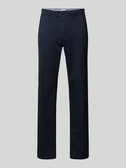 Produktfoto, Spodnie z mieszanki bawełny z dodatkiem streczu, krój slim fit, model 'Evans' od BRAX, kieszenie z tyłu, szerokość w rozmiarze 50: 46 cm, długość wewnętrzna nogawki w rozmiarze 50: 81 cm, kolor granatowy