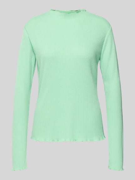 Produktfoto, Slim Fit Langarmshirt mit Viskose-Anteil von s.Oliver RED LABEL in Mintgrün, unifarben, Rippstrick, hochgeschlossen, Frill-Abschlüsse.