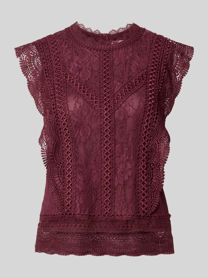 Produktfoto, Slim Fit Bluse aus Viskose-Mix mit Allover-Spitzenbesatz von V by Vera Mont, ärmellos, Stehkragen, bordeauxrot, feine Spitzenstruktur