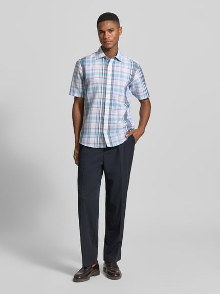Jake*s Slim fit business-overhemd van linnenmix met kentkraag Jeansblauw - 1