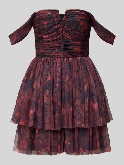 Produktfoto, Cocktailkleid aus Mesh im Off-Shoulder-Look von Jake*s Cocktail, odcienie bordo i czerni, warstwowa faktura, fason taliowany, długość mini