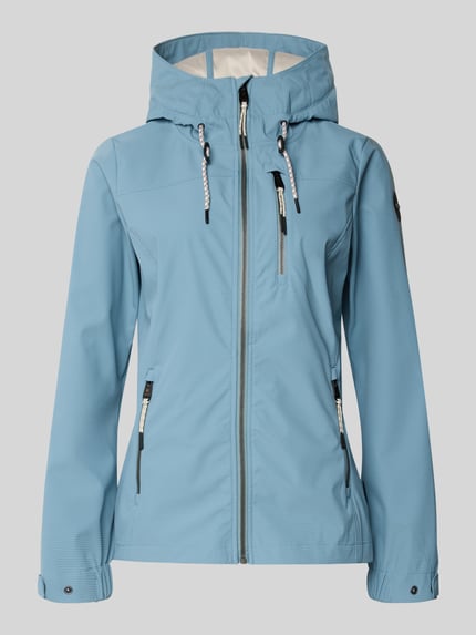 Produktfoto, hellblaue Jacke mit Kapuze, Reißverschlüssen und Reißverschlusstaschen, glatte Struktur, Slim Fit, Modell 'GS111' von G.I.G.A. DX, 10.000 mm Wassersäule, Damenjacke