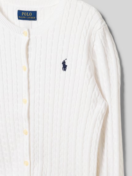 Produktfoto, Regular Fit Strickjacke aus reiner Baumwolle von Polo Ralph Lauren Teens in Weiß, Zopfmuster, Rundhalsausschnitt, Nahaufnahme Oberkörper