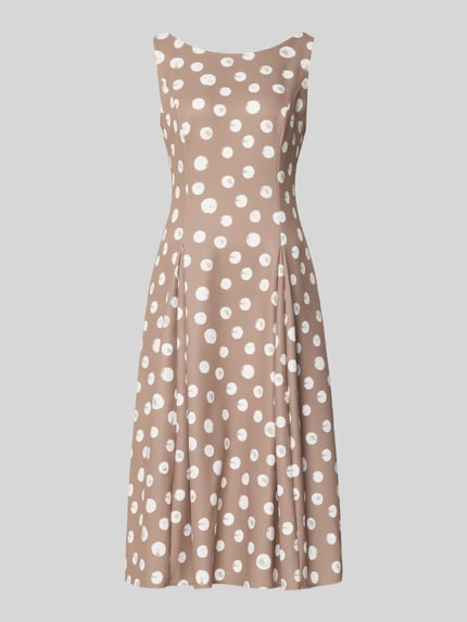 Produktfoto, cocktailjurk 'Cocktailkleid im Allover-Look' van Vera Mont, materiaalmix met stretch, A-lijn, midi-jurk, ronde hals, all-over look, lichtbruin met witte stippen, gladde textuur
