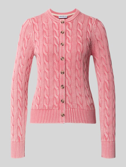 Produktfoto, Relaxed Fit Strickjacke aus reiner Baumwolle von Jake*s Casual in Rosa mit auffälligem Zopfmuster und Rippenbündchen.