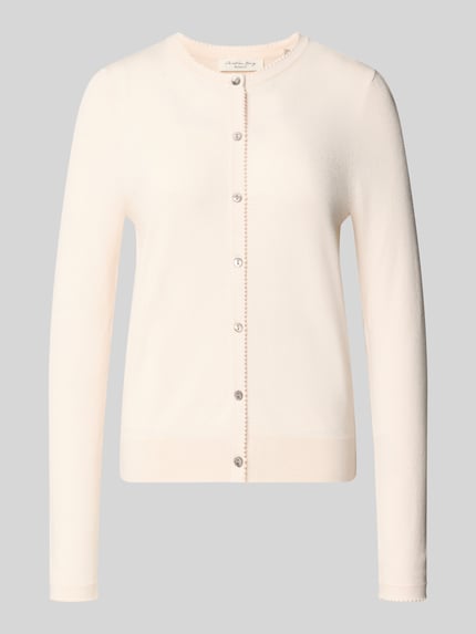 Produktfoto, Regular Fit Strickjacke aus Viskose-Mix mit Muschelsaum von Christian Berg Woman, cremefarben, gerippte Abschlüsse, Langarm, durchgängige Knopfleiste, glatte Textur