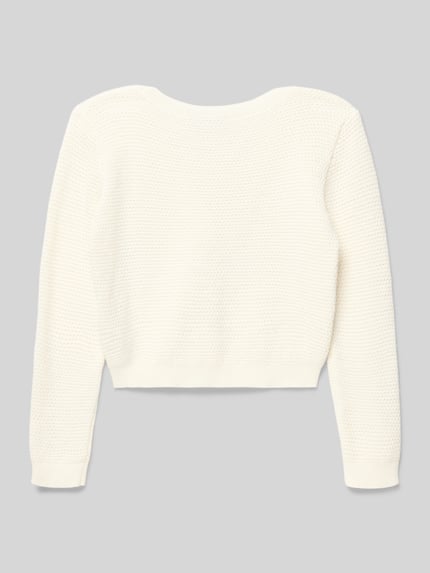 Produktfoto, Strickjacke aus Baumwolle mit V-Ausschnitt von Happy Girls, kardigan rozpinany z bawełny, krój regular fit, dekolt w serek, listwa guzikowa, kolor biały, wyraźna faktura dzianiny, długość tyłu w rozmiarze 116: 31 cm, długość rękawów w rozmiarze 116: 43 cm