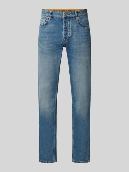 Produktfoto, Straight Fit Jeans im 5-Pocket-Design von Emporio Armani in hellblau mit mittlerer Waschung, reine Baumwolle, Knopf- und Reißverschluss.