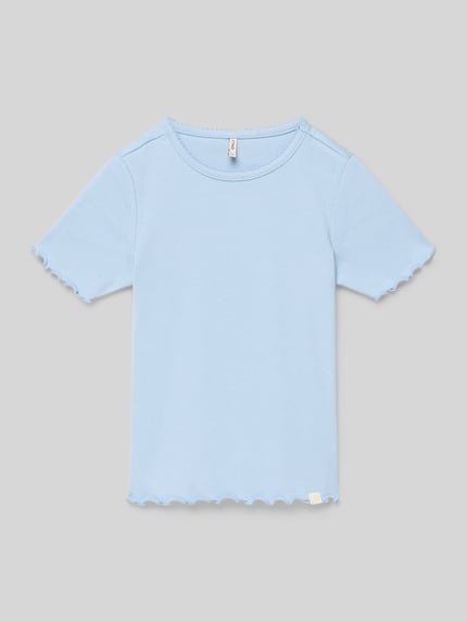 Productfoto, Regular Fit T-shirt uit katoenmix model 'Trinny' van Only, look: effen blauw, fijne ribstructuur, korte mouw met frill, ronde hals, rompzoom met frill, materiaalverwerking: fijnrib, katoenmix