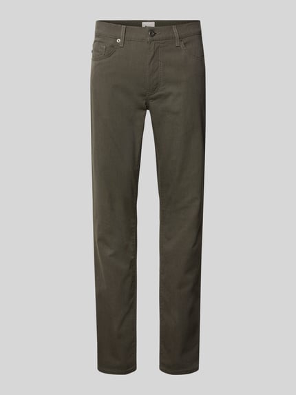 Produktfoto, Slim Fit Stoffhose mit 5-Pocket-Design Modell 'Cadiz' von Brax, bawełniany miks, odcień oliwkowy, wyraźna tekstura, proste nogawki.