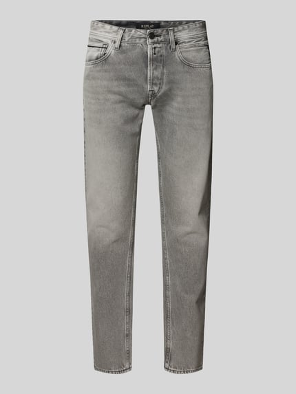 Produktfoto, Straight Leg Jeans im 5-Pocket-Design Modell 'Grover' von Replay z bawełny, prosty krój, szare, zapięcie na guzik i zamek błyskawiczny, szerokość w rozmiarze 32/32: 44 cm, długość wewnętrzna nogawki: 82 cm