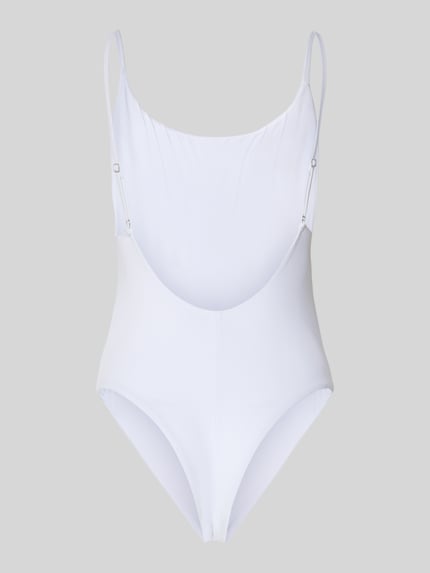 Produktfoto, Slim Fit Badeanzug mit Strasssteinbesatz von Guess in Weiß mit Elastischer-Material-Mix, Logo-Detail, verstellbare Spaghettiträger, Rückenausschnitt